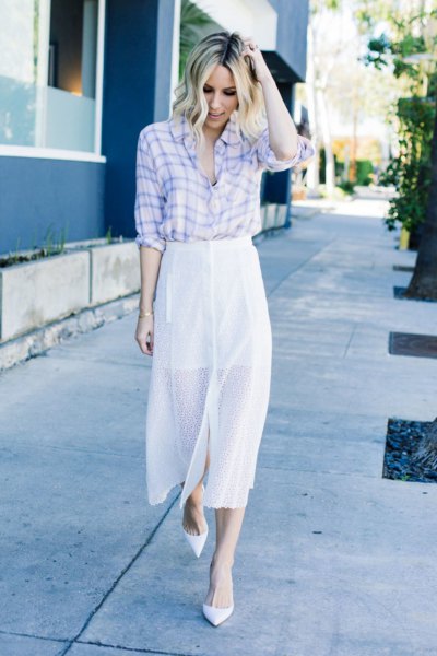 sky blue and white checked shirt and maxi skirt