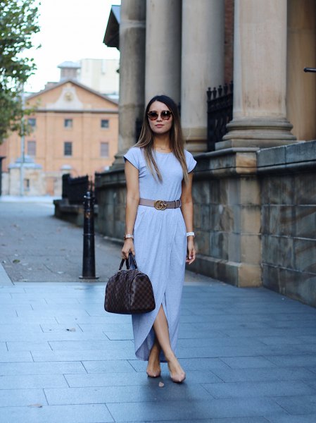 Sky blue maxi dress with cap sleeves, wrap belt and pale pink heels