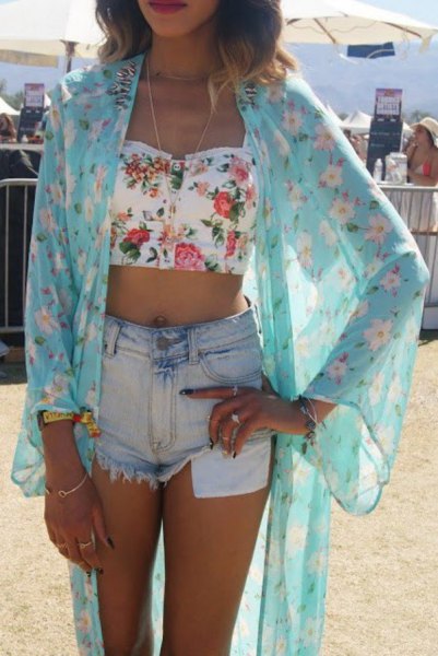 Sky blue floral chiffon cardigan with white crop top