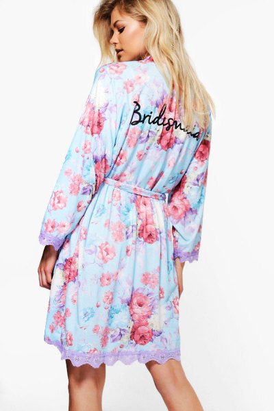 Sky blue floral robe with scalloped hem