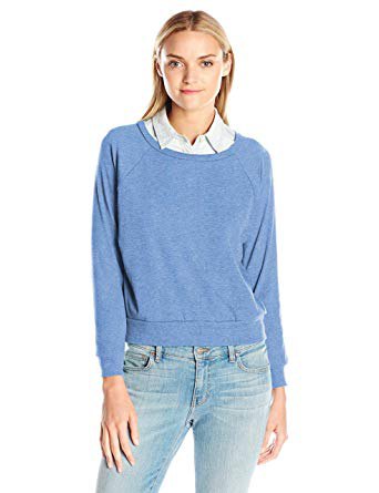 Sky blue sweater with a crew neck and shirt collar