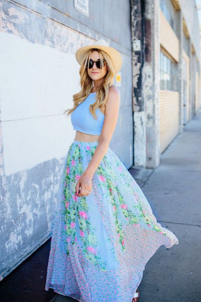 Sky blue two piece maxi dress with floral print and straw hat