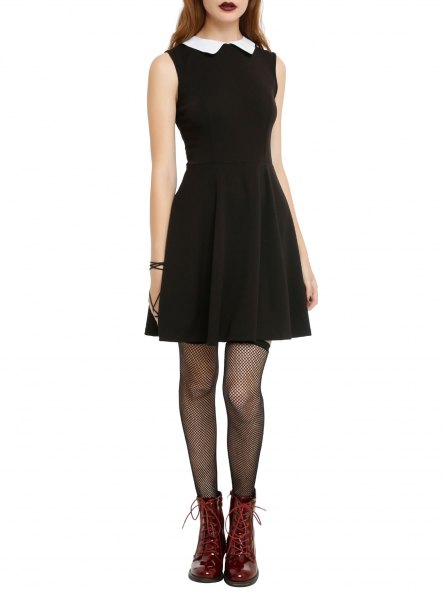 sleeveless black fit and flare dress with white collar