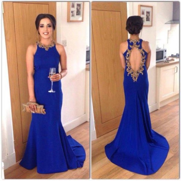 sleeveless royal blue dress with an open back