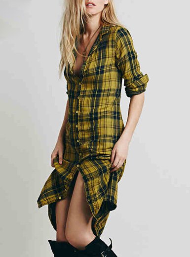 Slim fit mid-length yellow check shirt dress with long boots