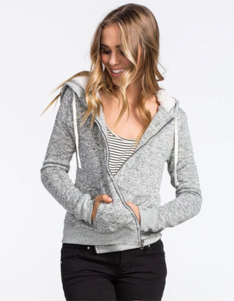Slim fitting zip-up hoodie with black and white striped scoop neck tank top