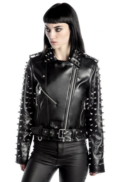 Motorcycle jacket with spikes and leather leggings