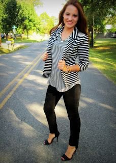Striped blazer with matching blouse and open heels