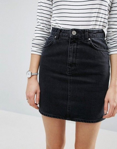 Striped long sleeve t-shirt with high waist black denim mini
skirt