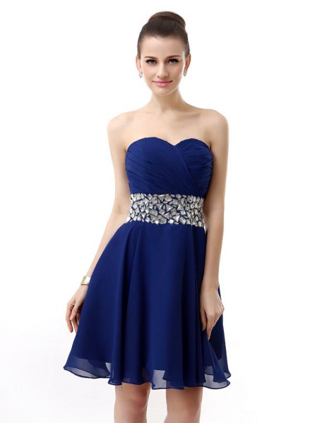 Chiffon fit and flare dress with silver belt and sweetheart neckline