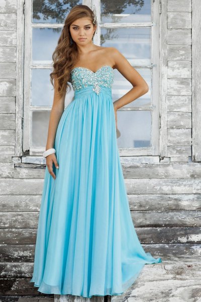 Light blue and silver chiffon maxi dress with sweetheart neckline