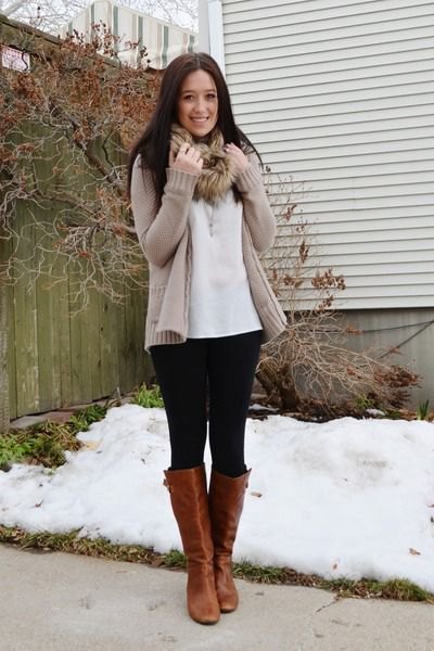 Light brown cardigan with white blouse and faux fur scarf