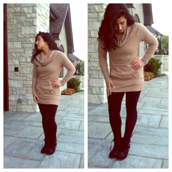 Light brown cowl neck tunic sweater and black leggings