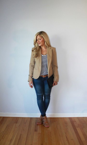 Tan slightly oversized blazer with black and white striped scoop neck tank top