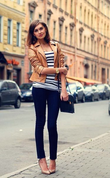Leather tank jacket with black and white striped t-shirt and dark skinny jeans