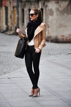Leather tank jacket with black faux fur scarf