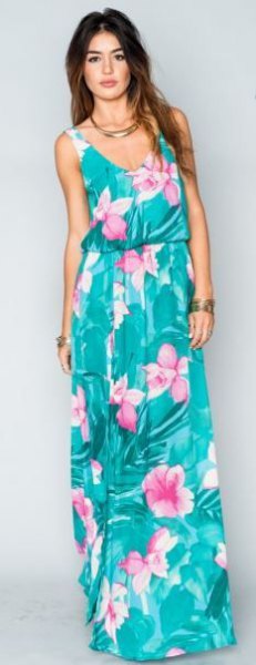Turquoise and white Hawaiian print sleeveless maxi dress with scoop neckline