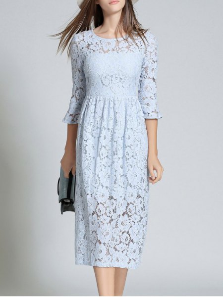 Three-quarter length midi dress in light blue lace
