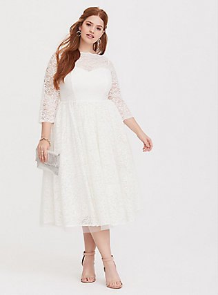 Plus size white lace midi dress with three quarter sleeves