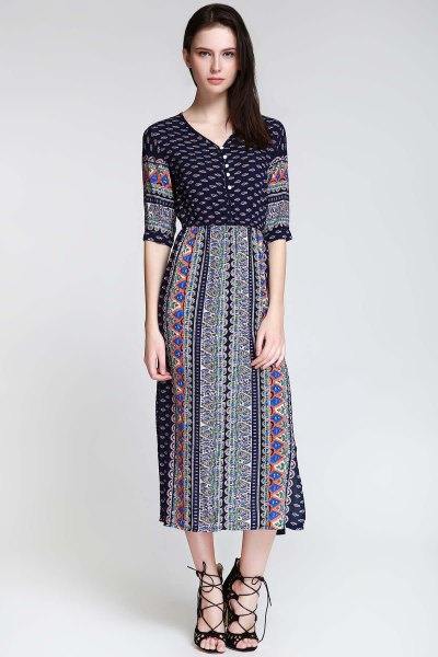 Half sleeve midi dress with side slit and tribal pattern