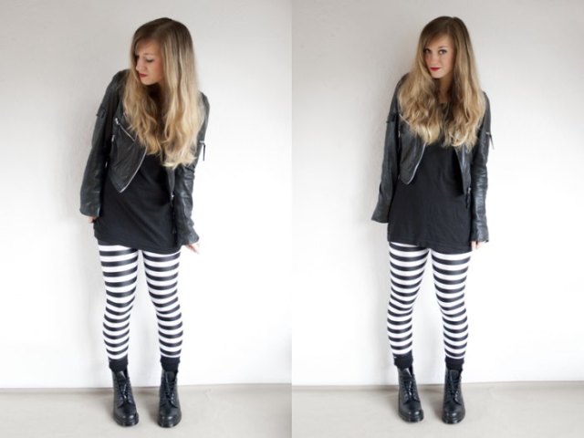 Tunic t-shirt with leather jacket and black and white horizontal striped leggings