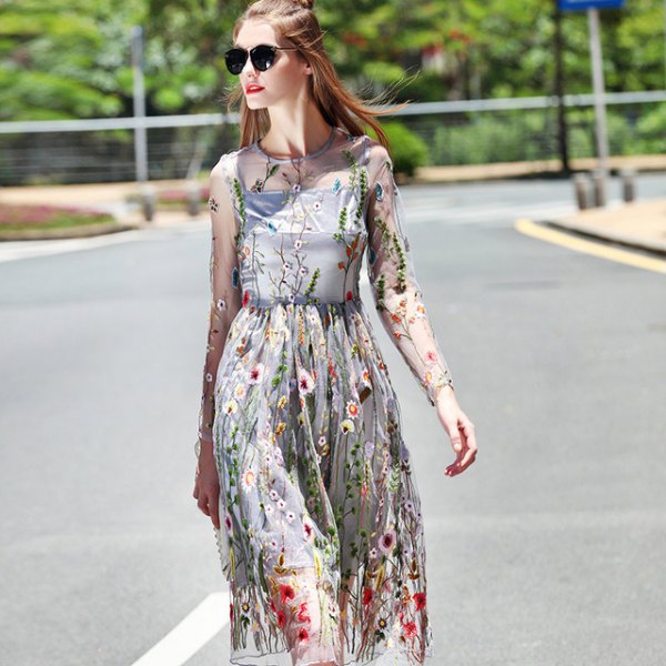 Two layer floral printed chiffon midi dress with gathered waist and
long sleeves