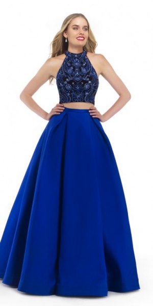 Two piece floor length fit and flare dress in black and royal blue