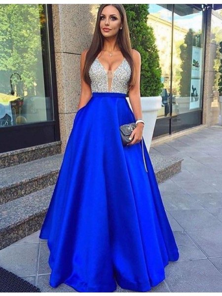 Two-tone long dress with silver sequins and royal blue cotton
