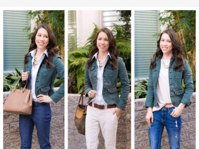 Utility jacket with light pink blouse and bright blue jeans