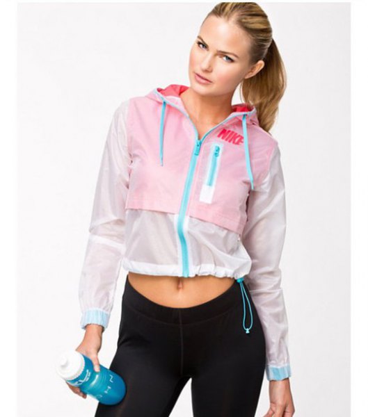 White and baby blue cropped running jacket with black sweatpants
