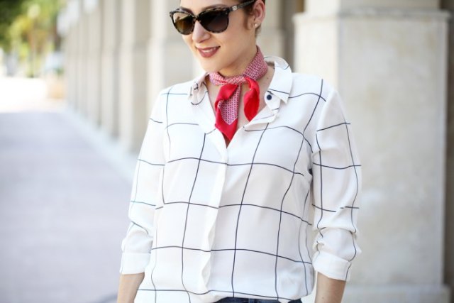 white and black checked shirt with red mini summer silk scarf