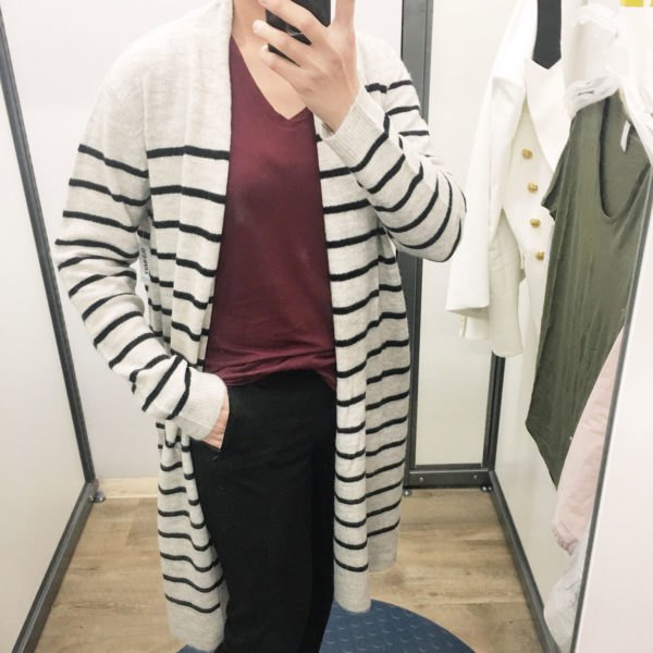 White and black striped longline cardigan with a gray V-neck
bodice