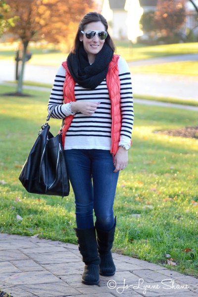 White and black striped sweater with knee high suede boots