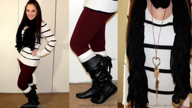 White and black striped tunic sweater with burgundy leggings and leather high boots