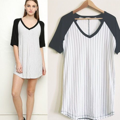 White and black striped V-neck baseball style shirt dress