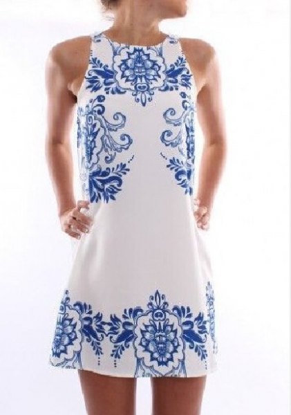 White and blue tribal print mini sheath dress