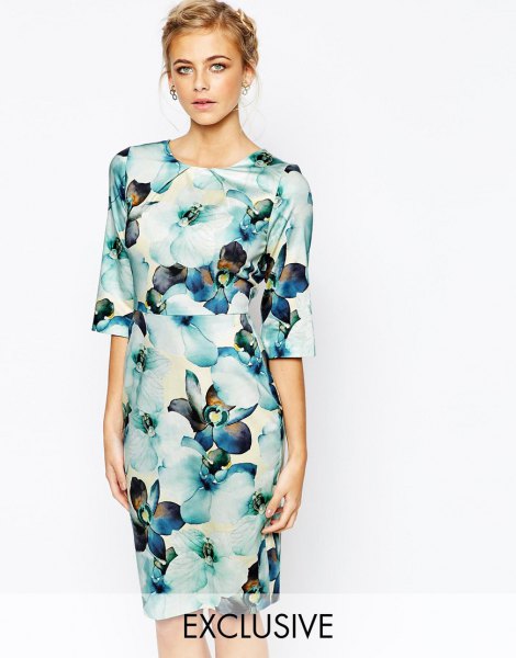 White and blue midi dress with wide half sleeves and floral
print