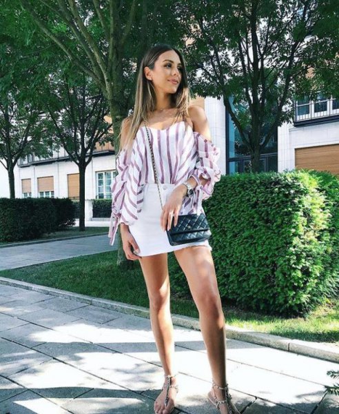 White and gray striped off-the-shoulder blouse with a mini
skirt