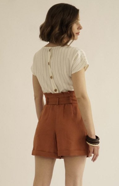 White and gray striped shirt with high waisted brown vintage shorts