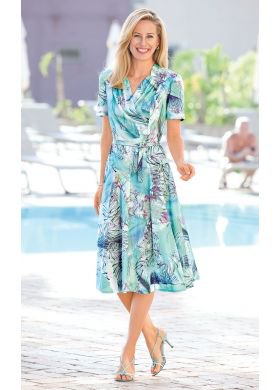 White and turquoise short sleeve floral print belted flare midi dress