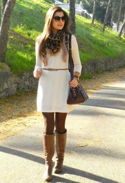 Belted white dress and camel leather knee high boots