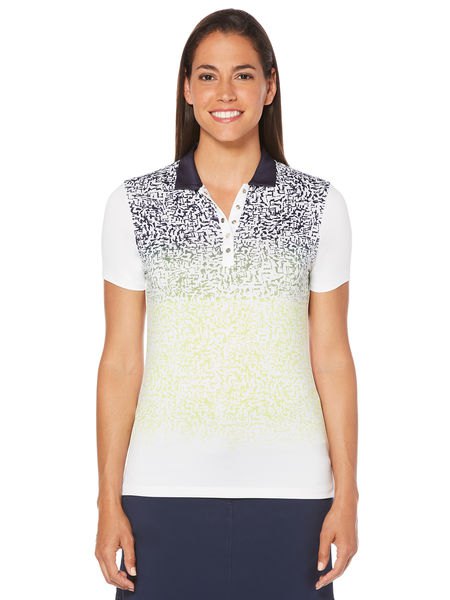 White, black and yellow multicolored polo shirt with black mini skirt