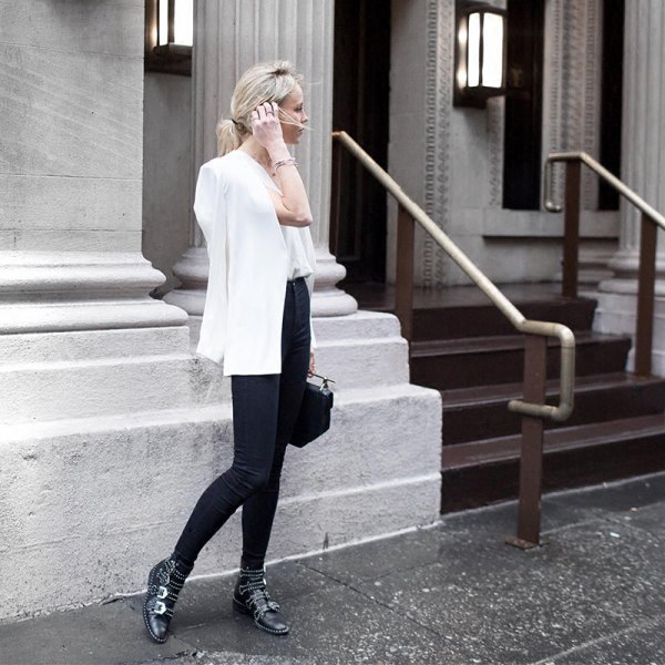 White blazer with chiffon blouse and black skinny jeans