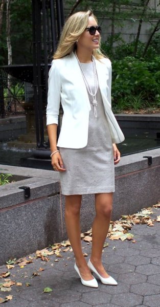 White blazer with light gray mini shift dress