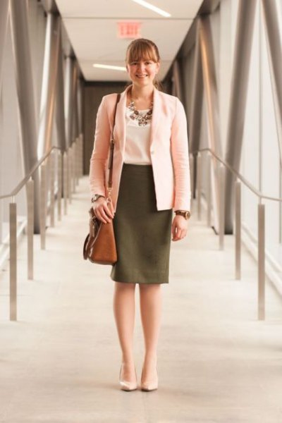 white blazer with olive green pencil skirt