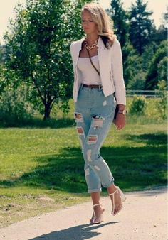 White blazer with scoop neck top and light blue ripped jeans