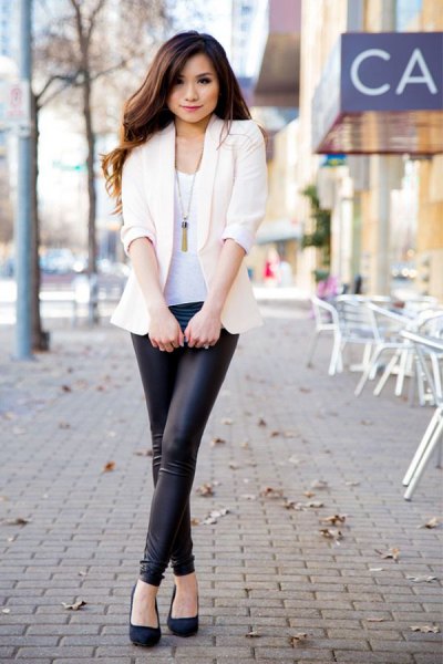 white blazer with tank top and leather tights