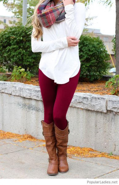 white blouse with checked cashmere scarf and dark red leggings