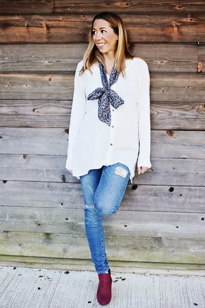 White chiffon cardigan with buttons and narrow silk scarf at the back