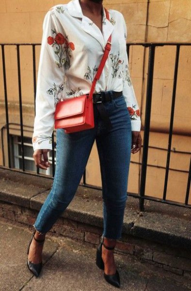 White floral button down blouse and blue jeans